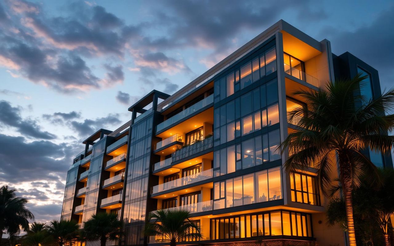 Modern apartment building at golden hour